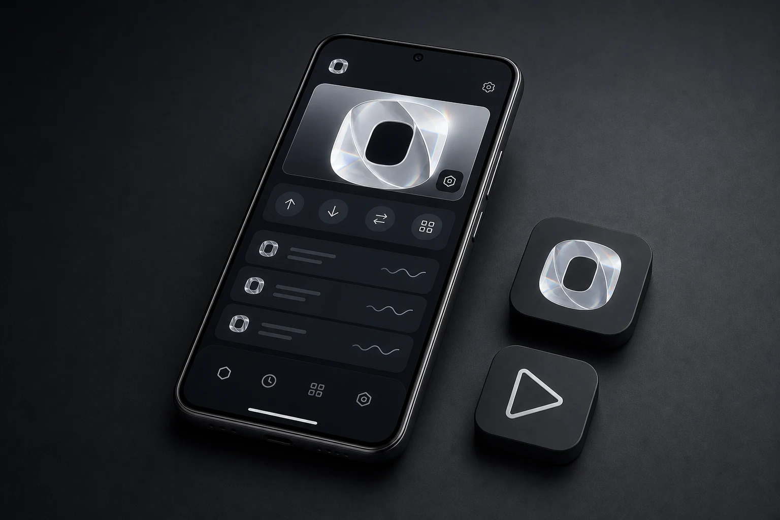 Hình ảnh ra mắt Ondex Android với điện thoại và tín hiệu tải xuống Google Play, không có dữ liệu ví riêng tư.