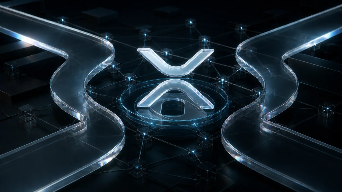 Biểu tượng XRP dạng điêu khắc phía trên một chi tiết khảm kính mang hình dáng Ondex, nằm giữa hai lối hội tụ trên mạng lưới sổ cái tối màu.