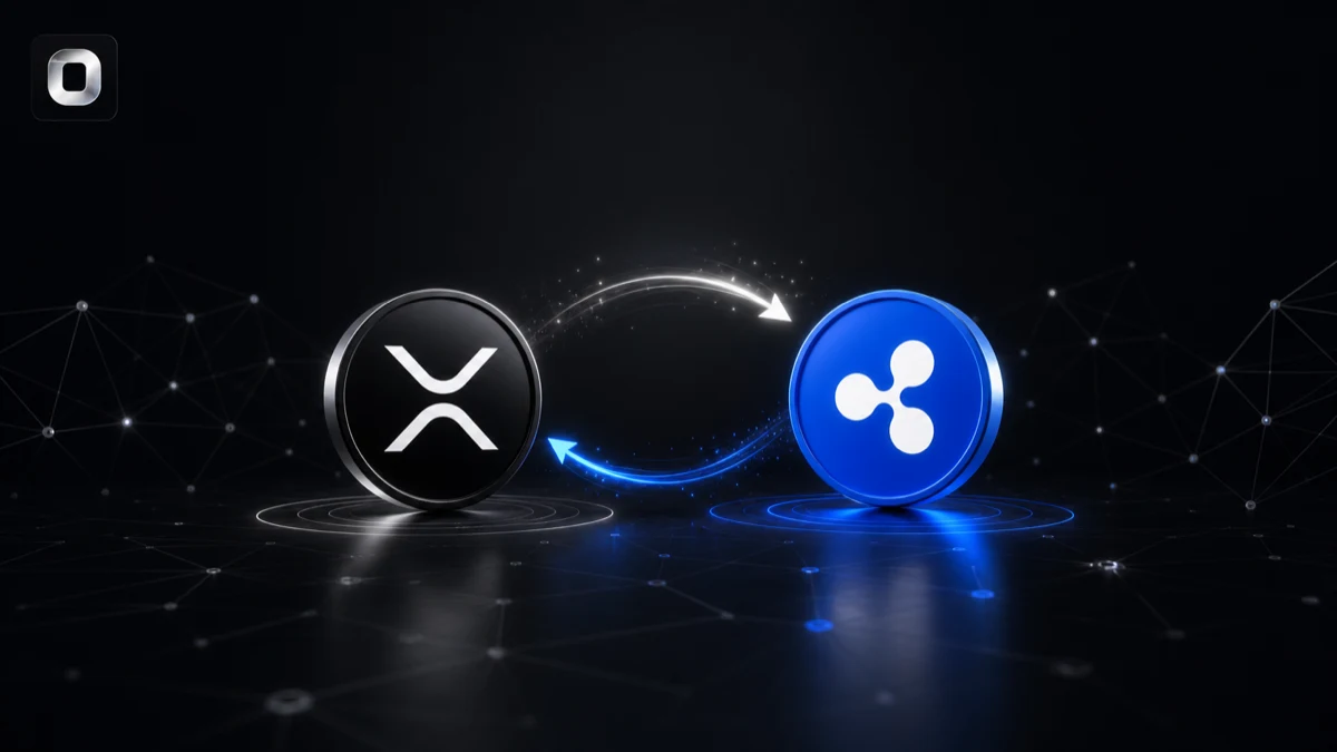 Hình hero Ondex cho thấy token XRP đổi sang token RUSD/RLUSD màu xanh, không có dữ liệu ví riêng tư.