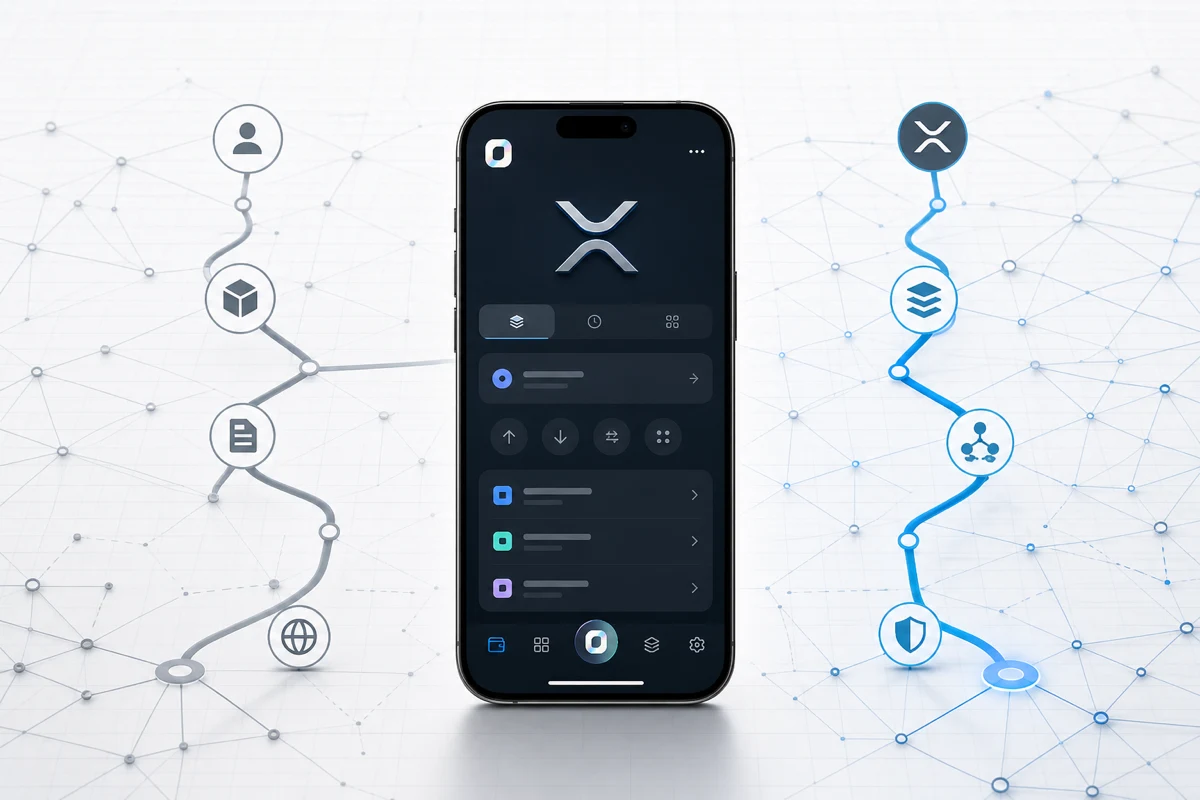 Điện thoại Ondex bên cạnh so sánh rõ giữa truy cập kiểu Ethereum và self-custody native XRPL, không có dữ liệu riêng tư.