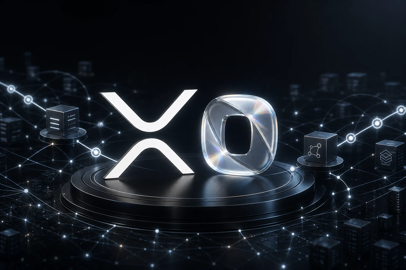 Hình kỷ niệm XRPL với biểu tượng XRP, biểu tượng Ondex và mạng ledger trừu tượng.