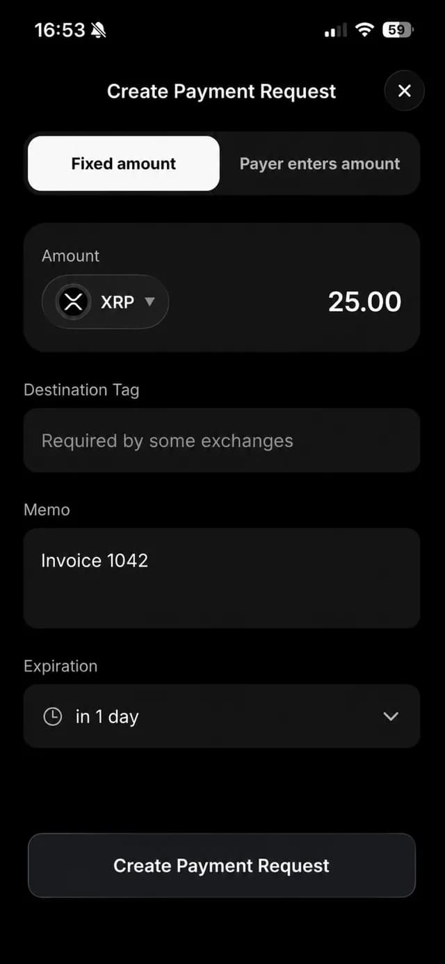 Ondex Create Payment Request screen with XRP amount, destination tag and expiry