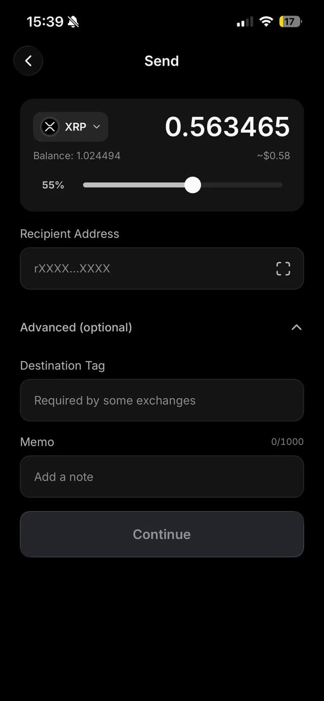 Ondex Send XRP screen with destination and transaction fields