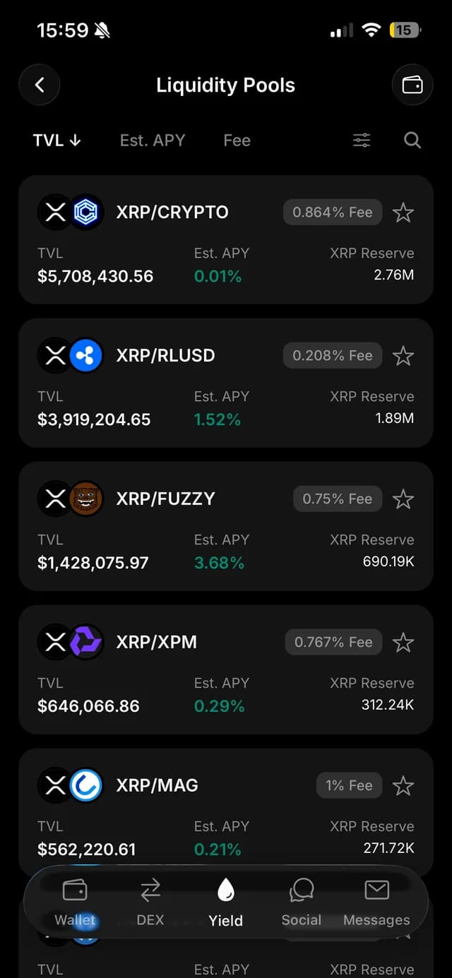 Ondex list of XRP Ledger AMM pools with TVL, fee and estimated APY